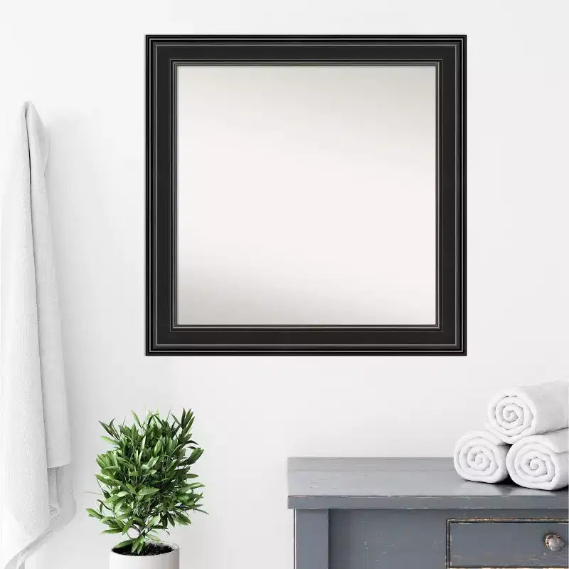 32" x 32" Non-Beveled Ridge Black Bathroom Wall Mirror - Amanti Art