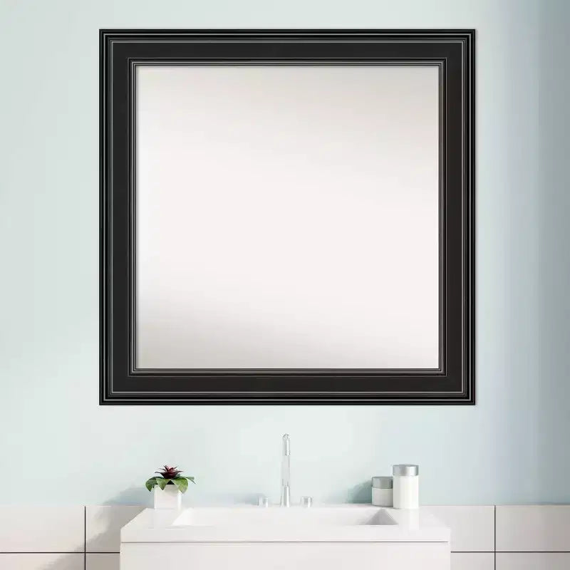32" x 32" Non-Beveled Ridge Black Bathroom Wall Mirror - Amanti Art
