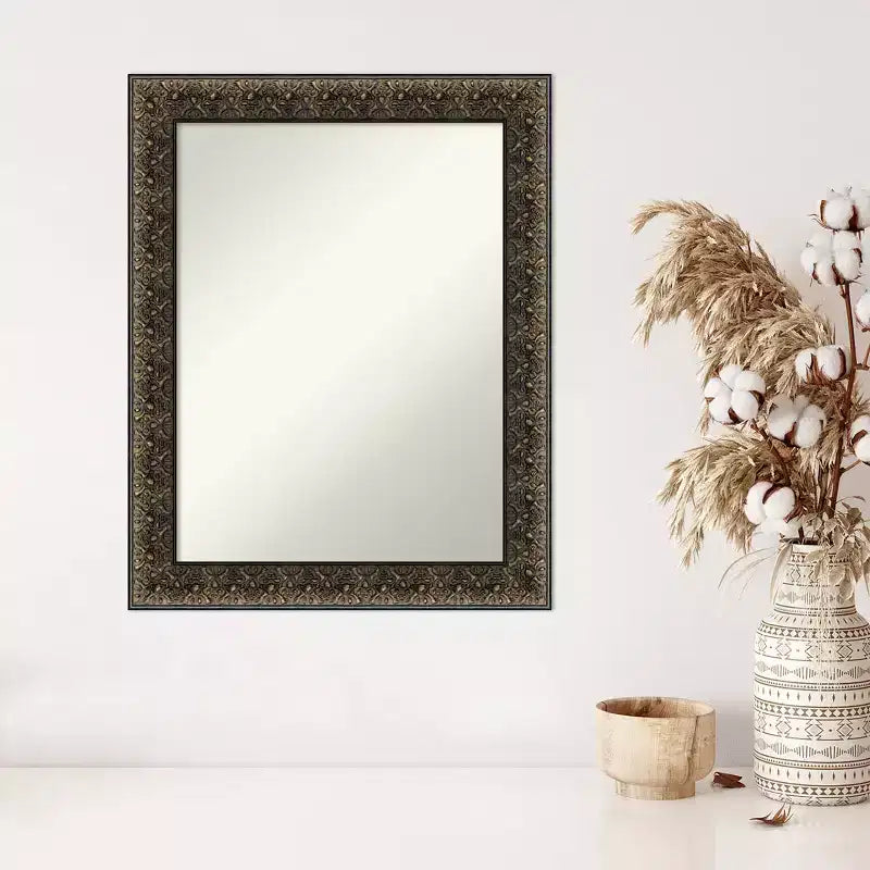 23" x 29" Non-Beveled Intaglio Embossed Black Wood Wall Mirror - Amanti Art