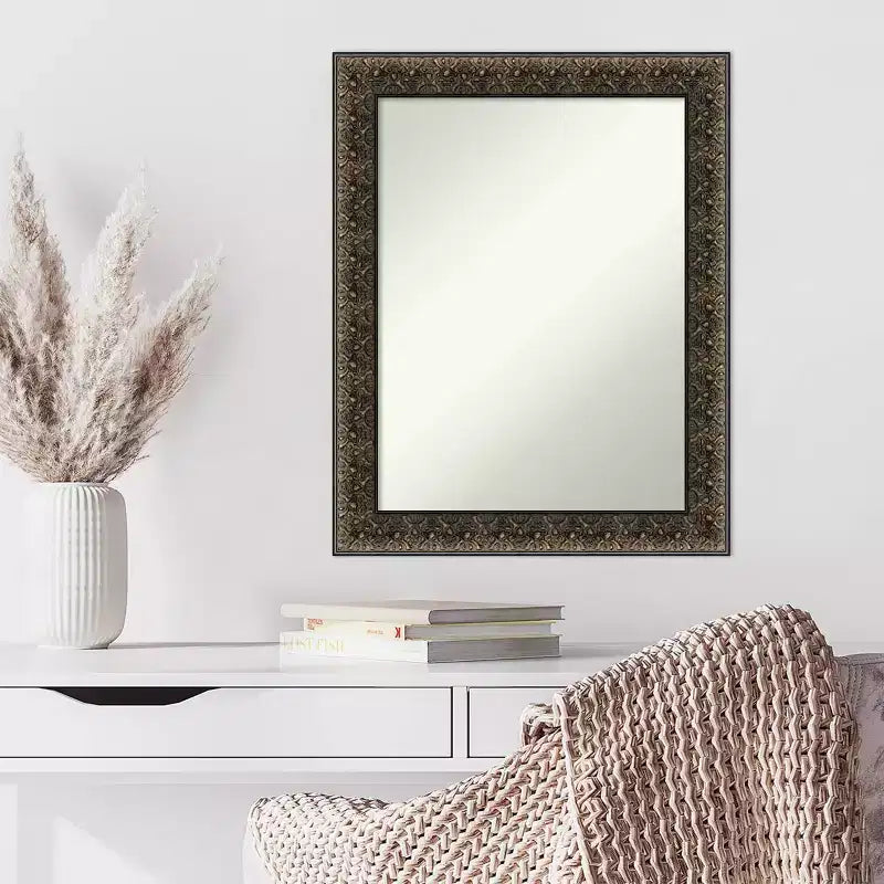 23" x 29" Non-Beveled Intaglio Embossed Black Wood Wall Mirror - Amanti Art