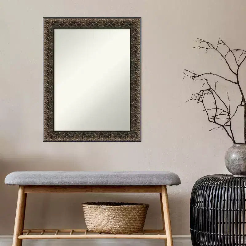 23" x 29" Non-Beveled Intaglio Embossed Black Wood Wall Mirror - Amanti Art