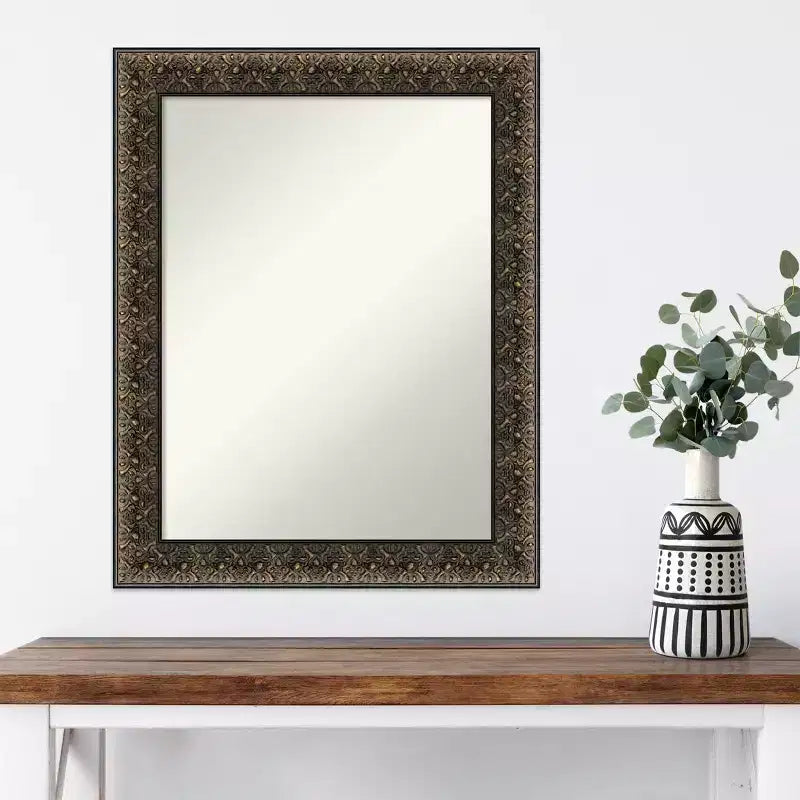 23" x 29" Non-Beveled Intaglio Embossed Black Wood Wall Mirror - Amanti Art