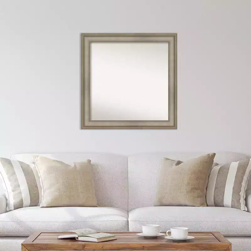 32" x 32" Non-Beveled Mezzanine Antique Silver Narrow Wood Wall Mirror - Amanti Art: Modern Square, Includes Mount Hardware