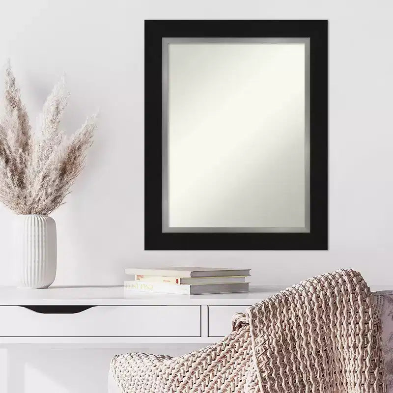 24" x 30" Non-Beveled Eva Black Silver Wall Mirror - Amanti Art: Modern Rectangular Vanity Decor