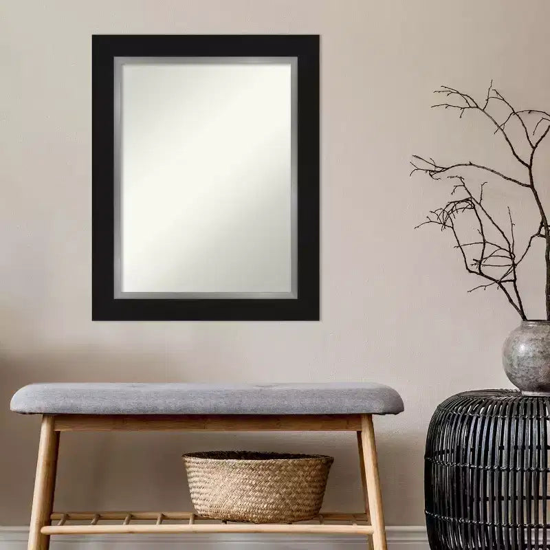 24" x 30" Non-Beveled Eva Black Silver Wall Mirror - Amanti Art: Modern Rectangular Vanity Decor