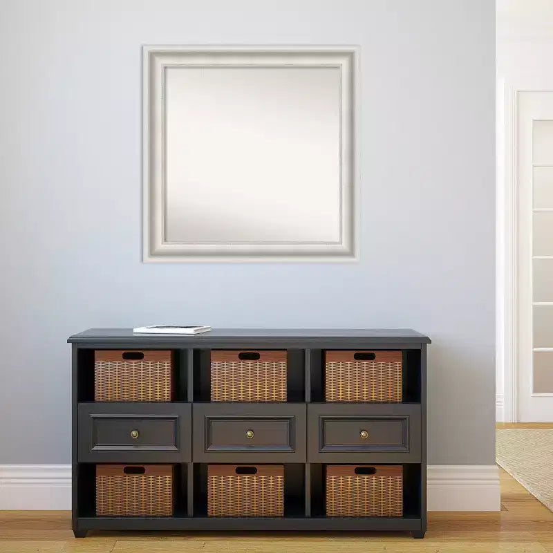 32" x 32" Non-Beveled Parlor White Bathroom Wall Mirror - Amanti Art: Modern Square, Includes Mounting Hardware