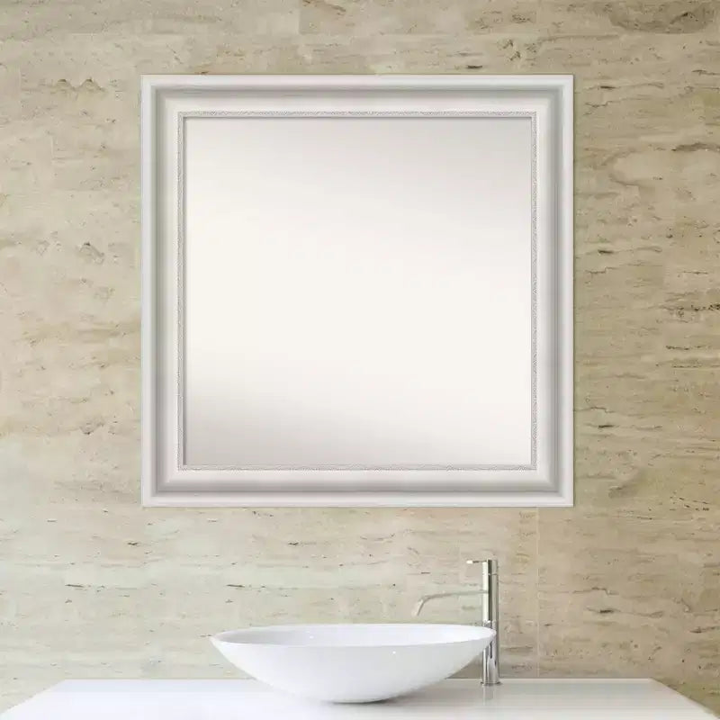 32" x 32" Non-Beveled Parlor White Bathroom Wall Mirror - Amanti Art: Modern Square, Includes Mounting Hardware