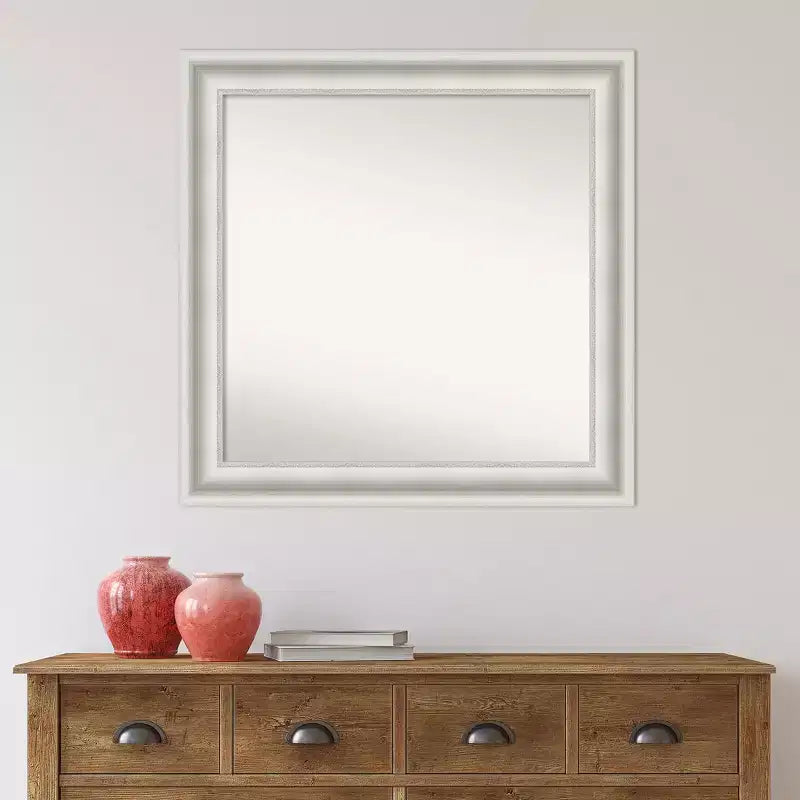 32" x 32" Non-Beveled Parlor White Bathroom Wall Mirror - Amanti Art: Modern Square, Includes Mounting Hardware