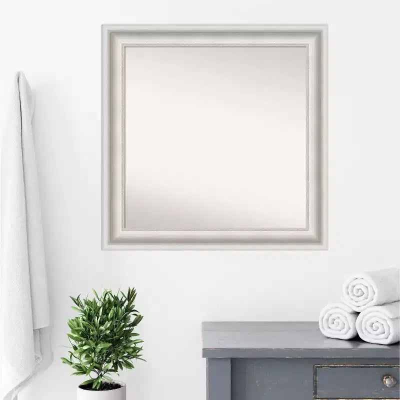 32" x 32" Non-Beveled Parlor White Bathroom Wall Mirror - Amanti Art: Modern Square, Includes Mounting Hardware