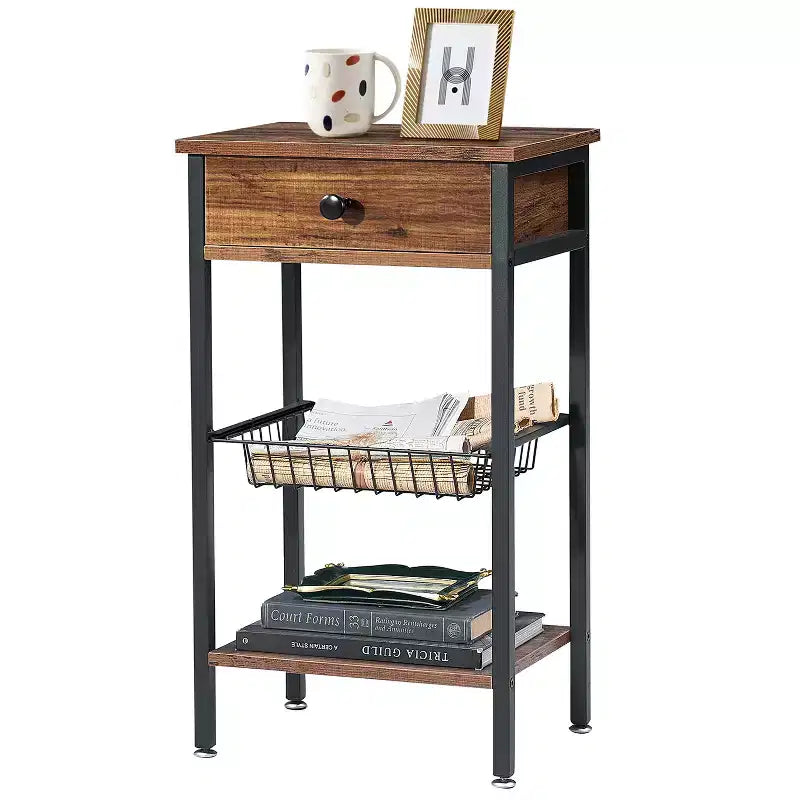 VECELO 27 Tall End Table Set of 2 Industrial Style Nightstands with Drawer/Shelf for Living Room, Bedroom, Kitchen, Bathroom, Brown