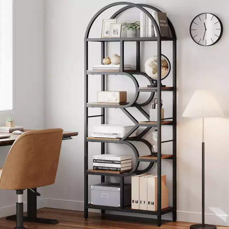 Garvee Bookshelf 6 Tier Arched Bookcase 81.7in Tall Display Racks Geometric Open Storage Shelf Unique Book Rack Metal Frame