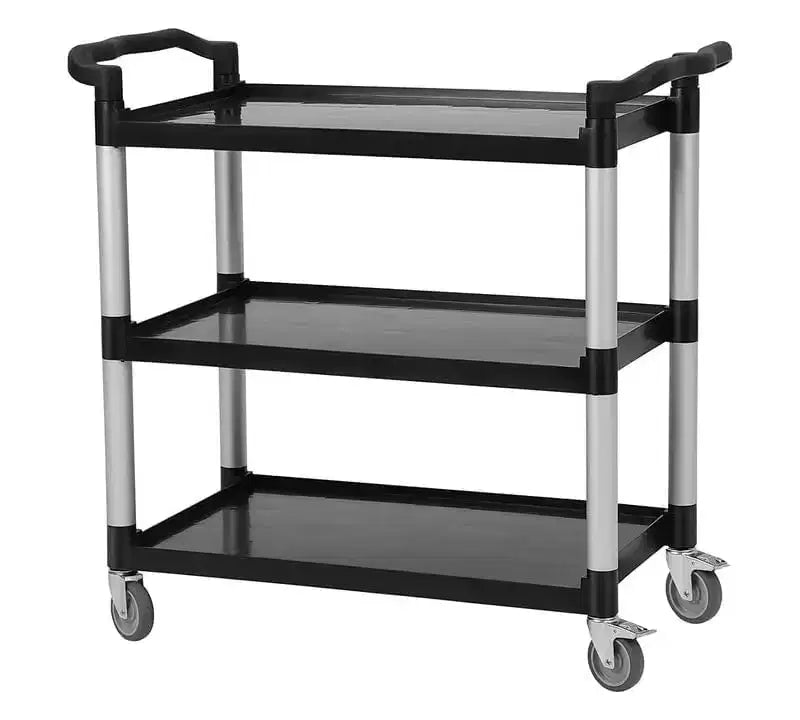 Chariot de service de restaurant rotatif à 360 degrés, chariot de service alimentaire roulant robuste 42L x 20P x 39H, chariot utilitaire en plastique à 3 étagères avec roues verrouillables