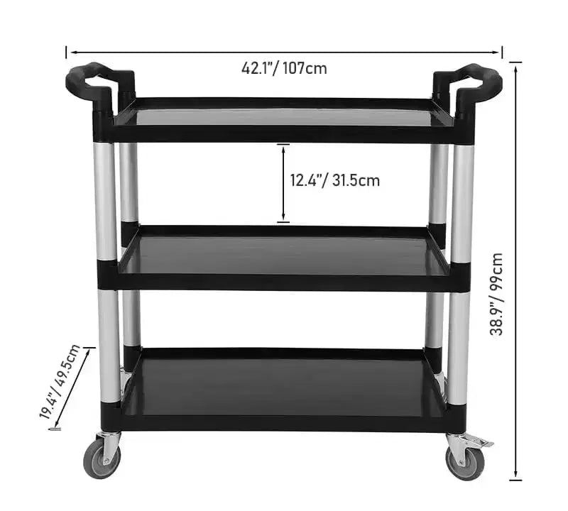 Chariot de service de restaurant rotatif à 360 degrés, chariot de service alimentaire roulant robuste 42L x 20P x 39H, chariot utilitaire en plastique à 3 étagères avec roues verrouillables