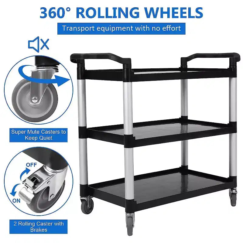 Chariot de service de restaurant rotatif à 360 degrés, chariot de service alimentaire roulant robuste 42L x 20P x 39H, chariot utilitaire en plastique à 3 étagères avec roues verrouillables