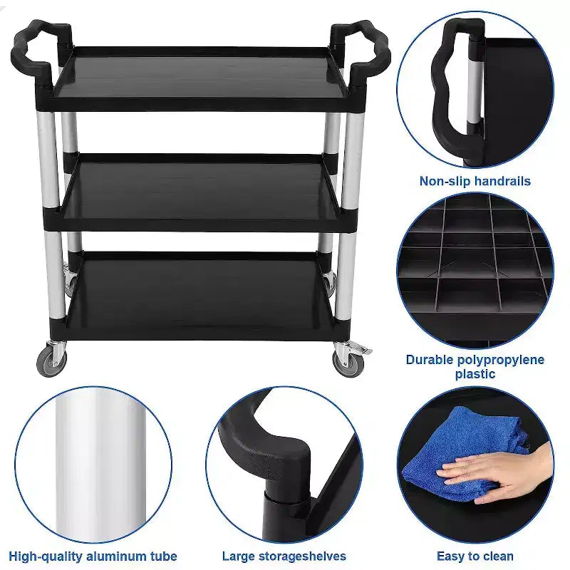 Chariot de service de restaurant rotatif à 360 degrés, chariot de service alimentaire roulant robuste 42L x 20P x 39H, chariot utilitaire en plastique à 3 étagères avec roues verrouillables