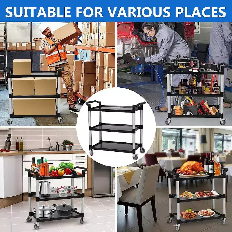 Chariot de service de restaurant rotatif à 360 degrés, chariot de service alimentaire roulant robuste 42L x 20P x 39H, chariot utilitaire en plastique à 3 étagères avec roues verrouillables