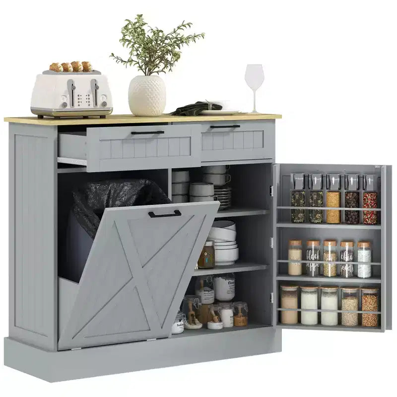 Meuble Poubelle Inclinable avec Tiroirs, Meuble de Cuisine de Ferme avec Poubelle Cachée pour la Cuisine