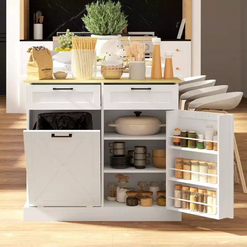 Meuble Poubelle Inclinable avec Tiroirs, Meuble de Cuisine de Ferme avec Poubelle Cachée pour la Cuisine