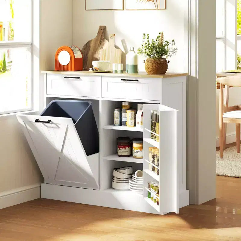 Meuble Poubelle Inclinable avec Tiroirs, Meuble de Cuisine de Ferme avec Poubelle Cachée pour la Cuisine
