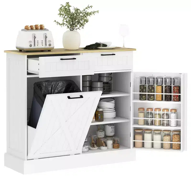 Meuble Poubelle Inclinable avec Tiroirs, Meuble de Cuisine de Ferme avec Poubelle Cachée pour la Cuisine