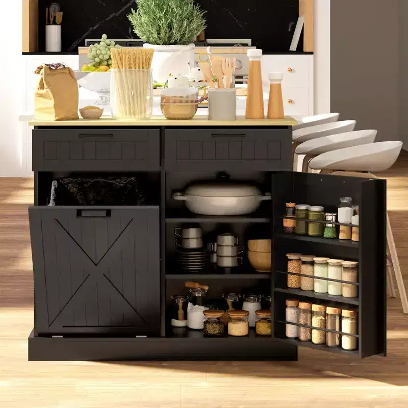 Meuble Poubelle Inclinable avec Tiroirs, Meuble de Cuisine de Ferme avec Poubelle Cachée pour la Cuisine