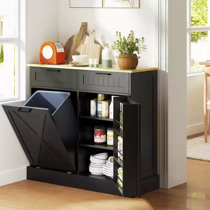 Meuble Poubelle Inclinable avec Tiroirs, Meuble de Cuisine de Ferme avec Poubelle Cachée pour la Cuisine