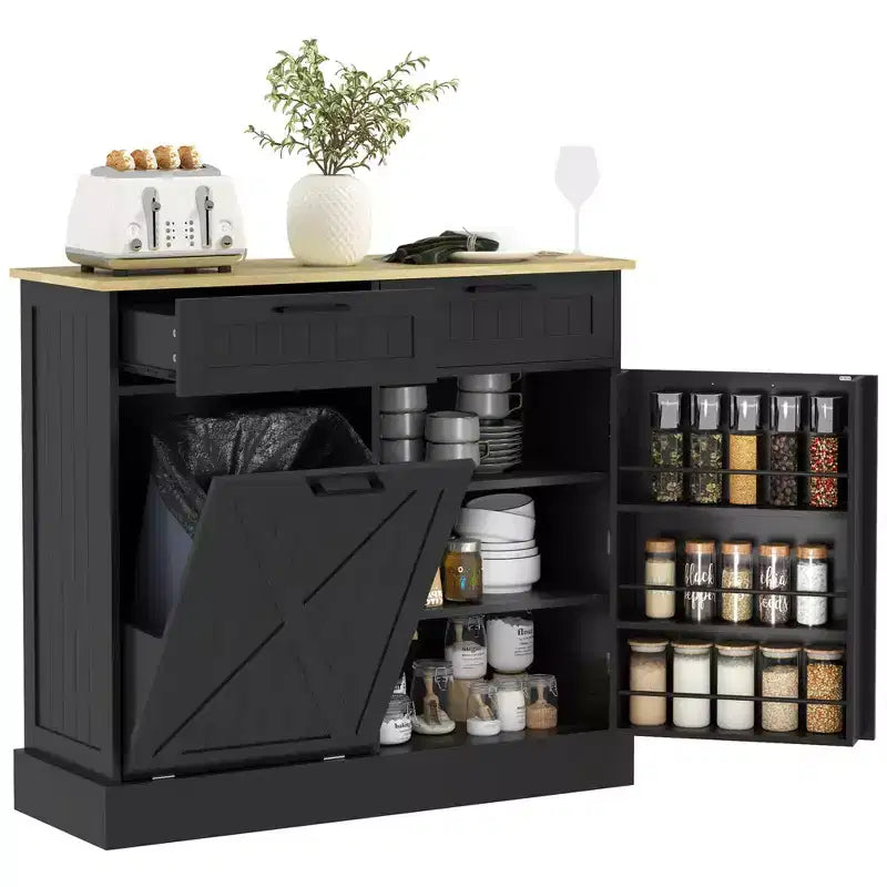 Meuble Poubelle Inclinable avec Tiroirs, Meuble de Cuisine de Ferme avec Poubelle Cachée pour la Cuisine