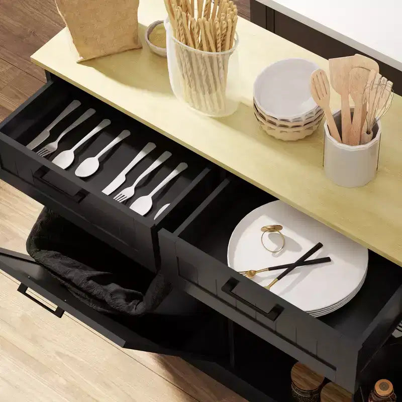 Meuble Poubelle Inclinable avec Tiroirs, Meuble de Cuisine de Ferme avec Poubelle Cachée pour la Cuisine