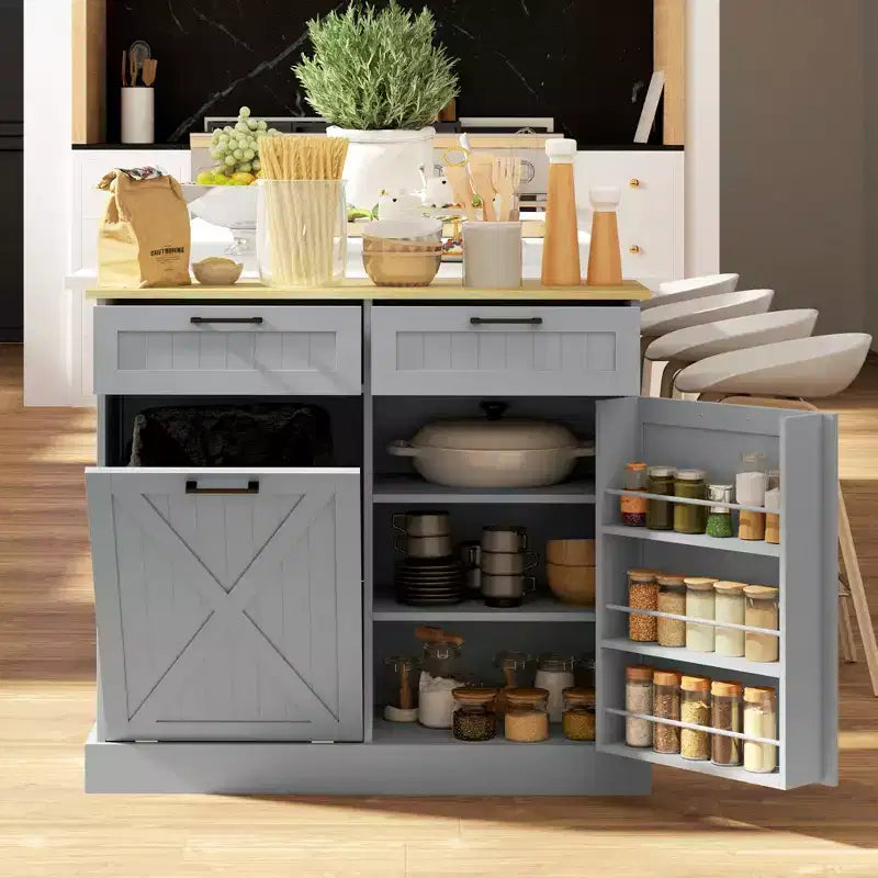 Meuble Poubelle Inclinable avec Tiroirs, Meuble de Cuisine de Ferme avec Poubelle Cachée pour la Cuisine
