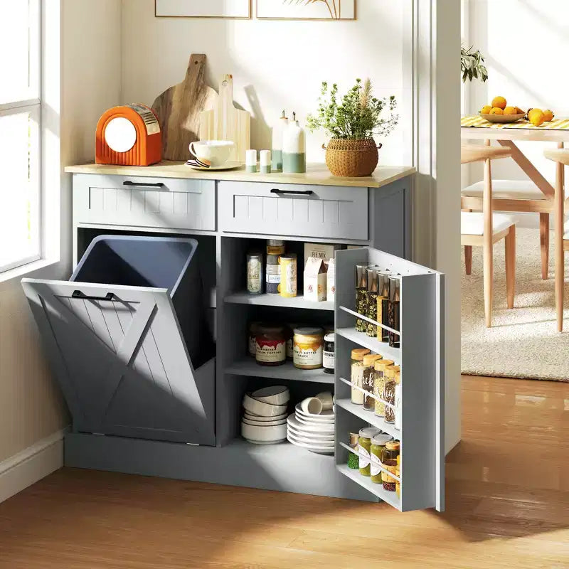 Meuble Poubelle Inclinable avec Tiroirs, Meuble de Cuisine de Ferme avec Poubelle Cachée pour la Cuisine