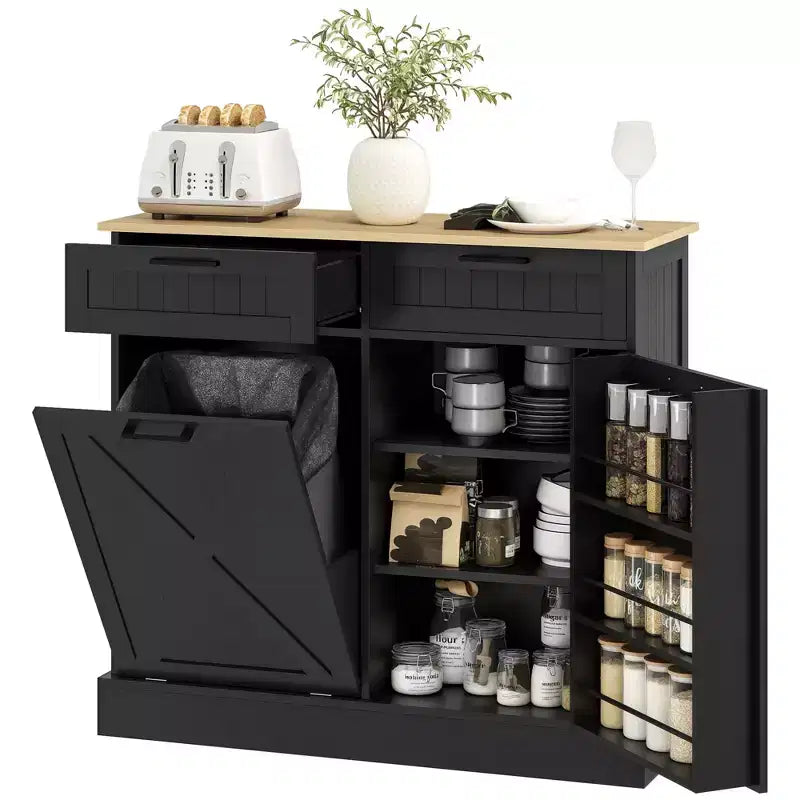HOMCOM Tilt Out Trash Can Cabinet with Drawers, Farmhouse Kitchen Cabinet with Hidden Trash Can for Kitchen