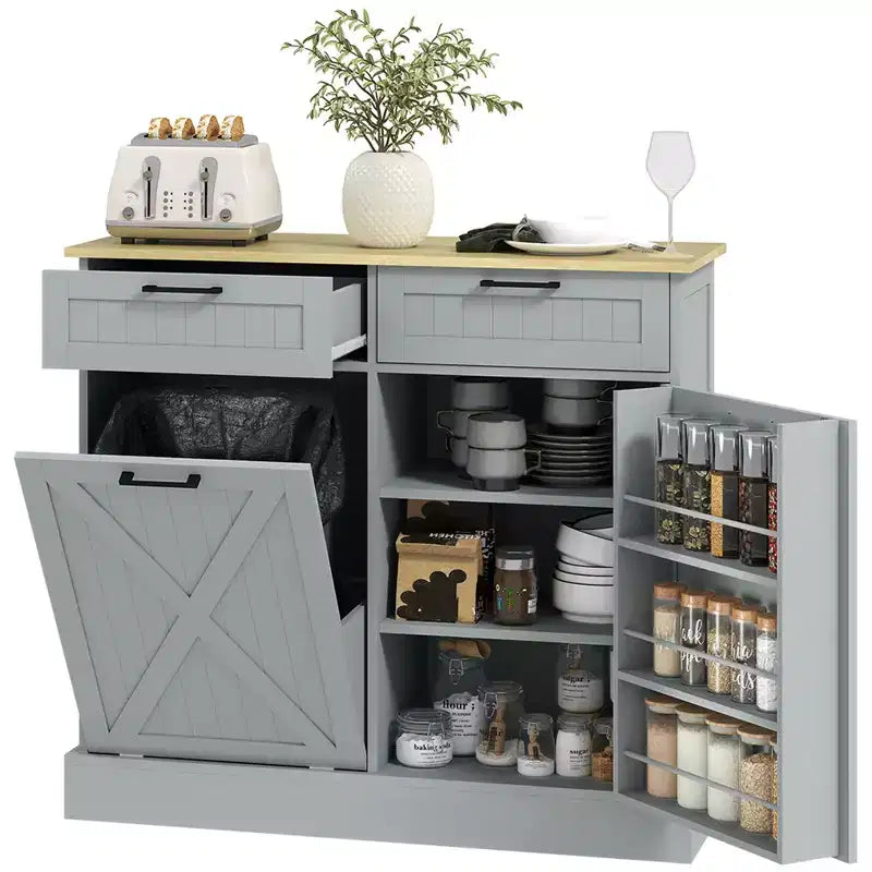 Meuble Poubelle Inclinable avec Tiroirs, Meuble de Cuisine de Ferme avec Poubelle Cachée pour la Cuisine