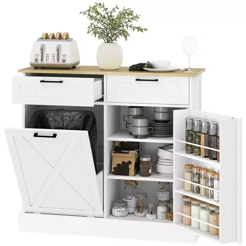 Meuble Poubelle Inclinable avec Tiroirs, Meuble de Cuisine de Ferme avec Poubelle Cachée pour la Cuisine