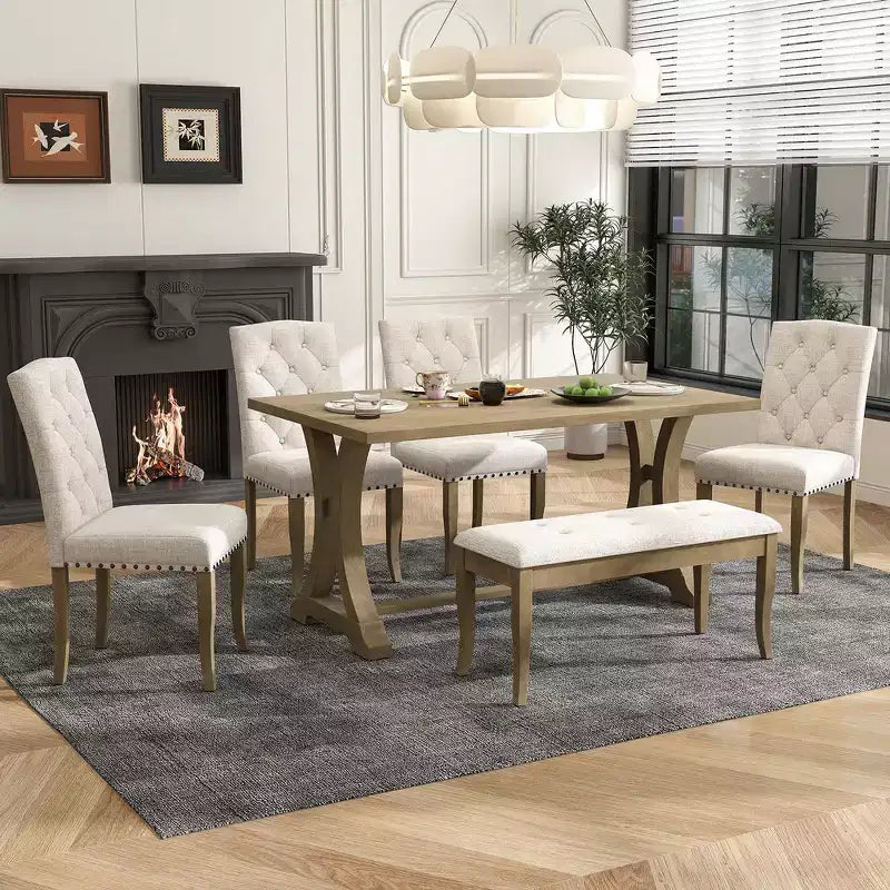 Whisen 6-Piece Farmhouse Dining Table Set with 4 Upholstered Chairs and Bench for Dining Room