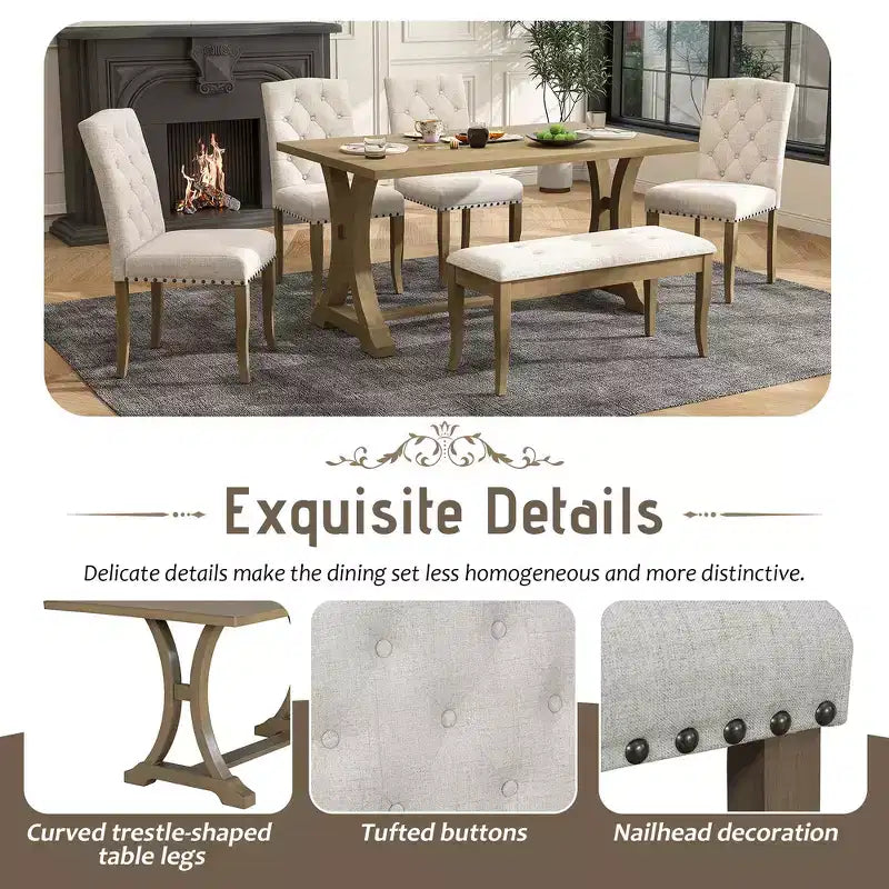 Whisen 6-Piece Farmhouse Dining Table Set with 4 Upholstered Chairs and Bench for Dining Room