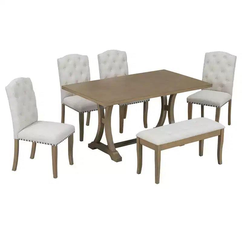 Whisen 6-Piece Farmhouse Dining Table Set with 4 Upholstered Chairs and Bench for Dining Room