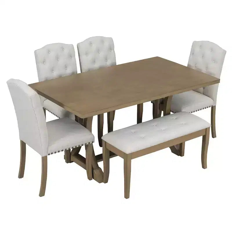 Whisen 6-Piece Farmhouse Dining Table Set with 4 Upholstered Chairs and Bench for Dining Room