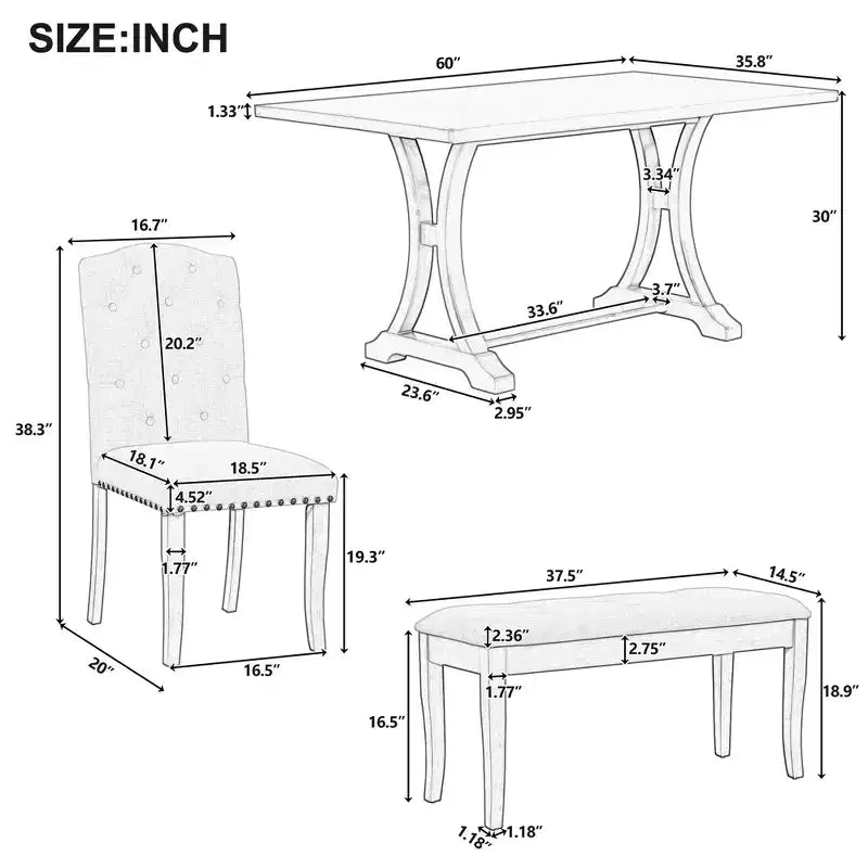 Whisen 6-Piece Farmhouse Dining Table Set with 4 Upholstered Chairs and Bench for Dining Room