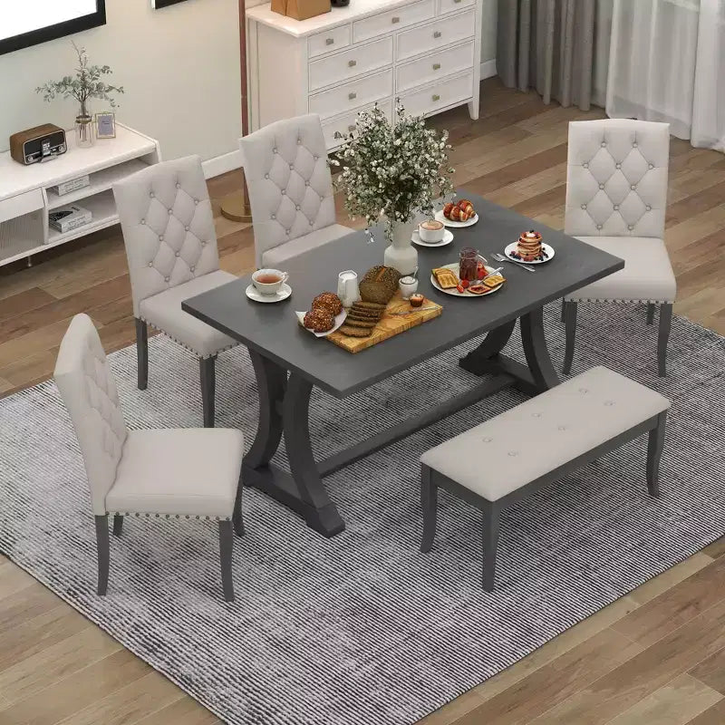 Whisen 6-Piece Farmhouse Dining Table Set with 4 Upholstered Chairs and Bench for Dining Room