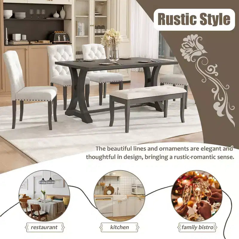 Whisen 6-Piece Farmhouse Dining Table Set with 4 Upholstered Chairs and Bench for Dining Room