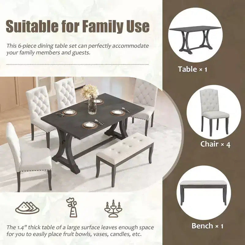 Whisen 6-Piece Farmhouse Dining Table Set with 4 Upholstered Chairs and Bench for Dining Room