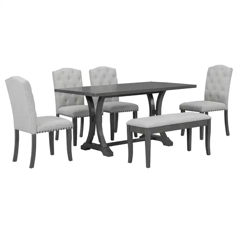 Whisen 6-Piece Farmhouse Dining Table Set with 4 Upholstered Chairs and Bench for Dining Room