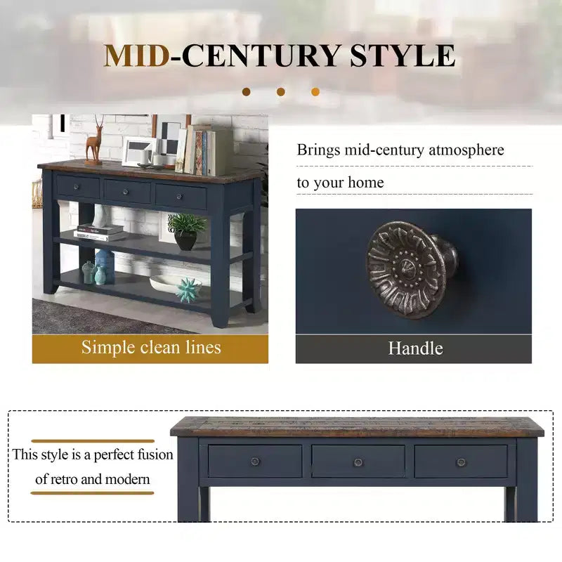 Whisen Classic Vintage Design Console Table with 3 Storage Drawers and 2 Shelves