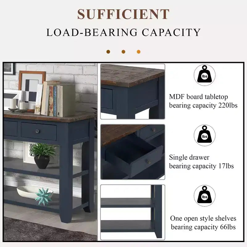 Whisen Classic Vintage Design Console Table with 3 Storage Drawers and 2 Shelves