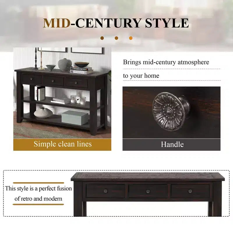 Whisen Classic Vintage Design Console Table with 3 Storage Drawers and 2 Shelves