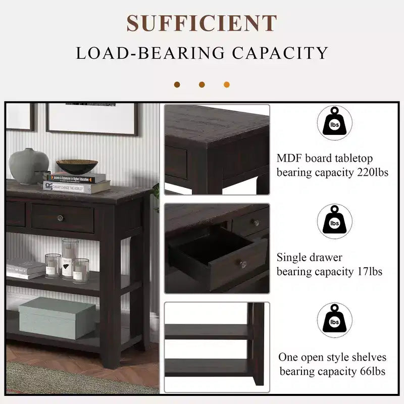 Whisen Classic Vintage Design Console Table with 3 Storage Drawers and 2 Shelves