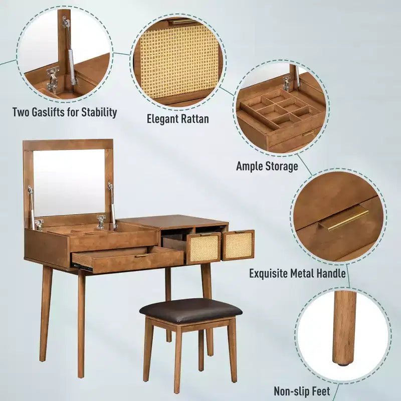 43W Dressing Table Vanity Table Makeup Table Set with Cushioned Stool, Flip-top Mirror, 3 Drawers and Storage Compartment, White/Brown-ModernLuxe