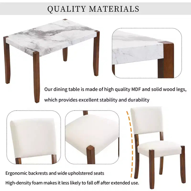 4-Piece/5 Piece Modern Dining Table Set Dining Set Space-Saving Dinette with Faux Marble Table, 2 Upholstered Chairs and Bench, White+Brown-ModernLuxe