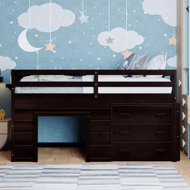 Whisen 77.4L x 40.5W Modern Design Twin Size Loft Bed with Cabinet and Shelf, Designed for your safety