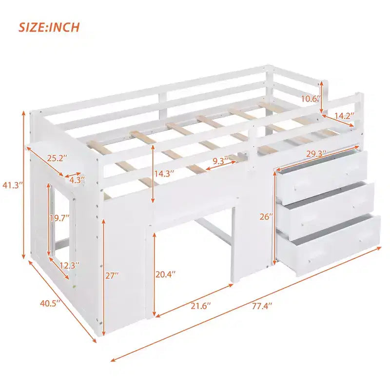 Whisen 77.4L x 40.5W Modern Design Twin Size Loft Bed with Cabinet and Shelf, Designed for your safety